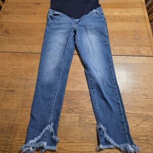 Pink Blush Blue Denim Frayed Hem Women's Maternity Jeans